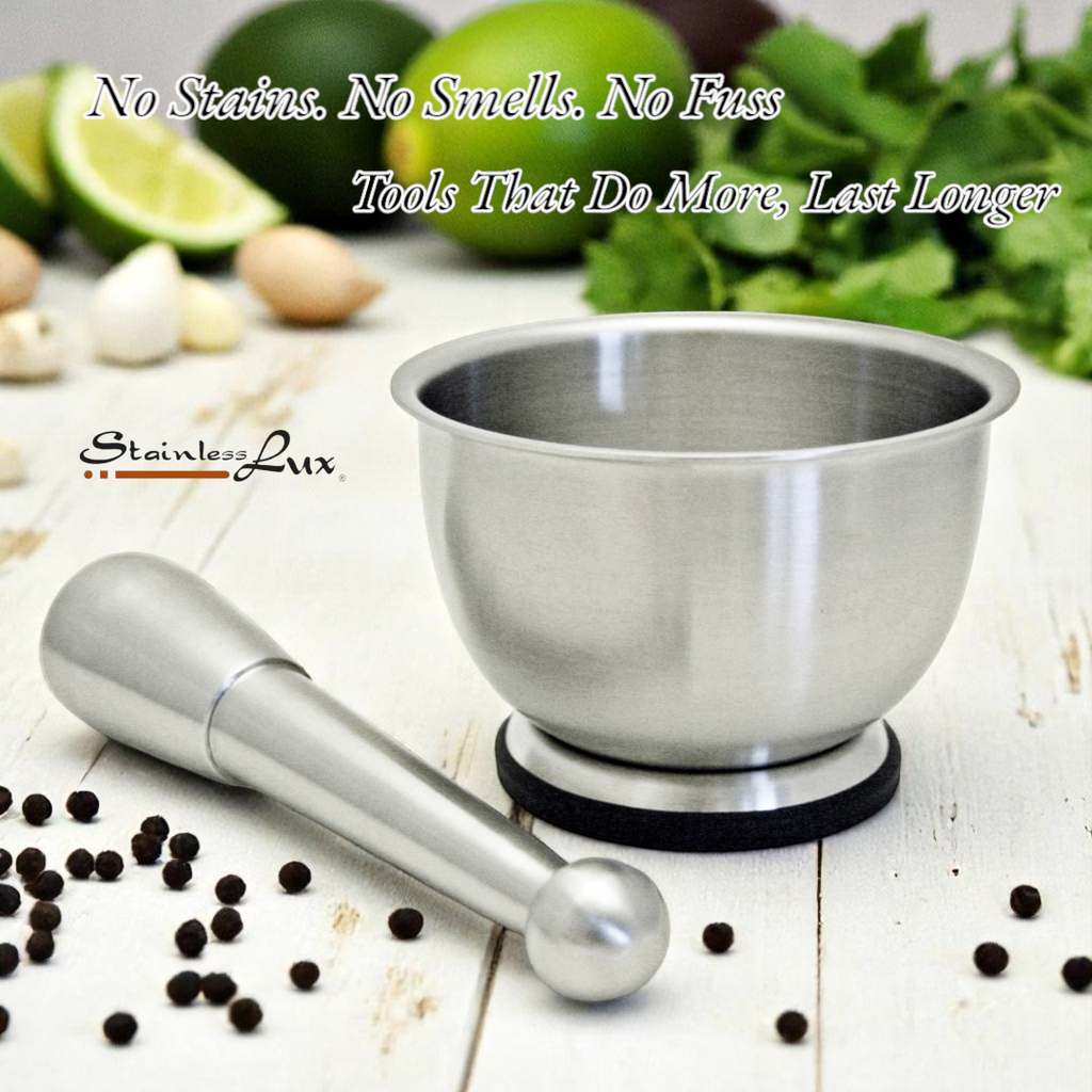 StainlessLUX 75551 Large Brushed Stainless Steel Mortar and Pestle Set/Spice Grinder/Molcajete, 18-Ounce/2.25-Cup