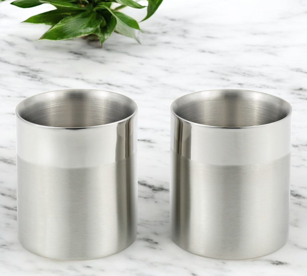 StainlessLUX 77351 Two-tone Double-walled Stainless Steel Small Drinking Glasses / Water Tumblers (10 Oz. / 1.25 Cup) 3.1 Inch Diameter x 3.465 Inch Height (2 Glasses / Set)