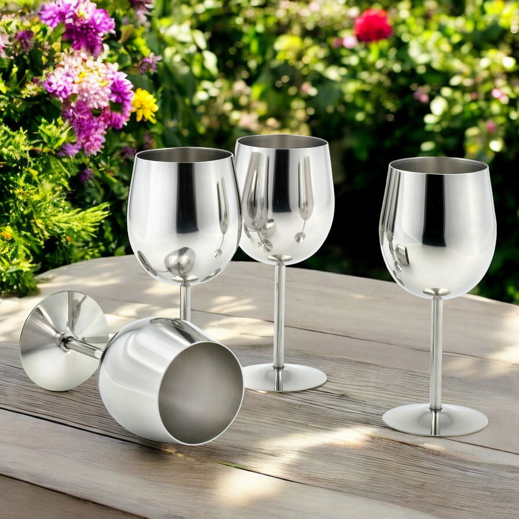 StainlessLUX 77374 Brilliant Stainless Steel Wine Glass Set / Wine Tasting Goblet Set (4 Glasses / Set) - New version with 1/4" taller