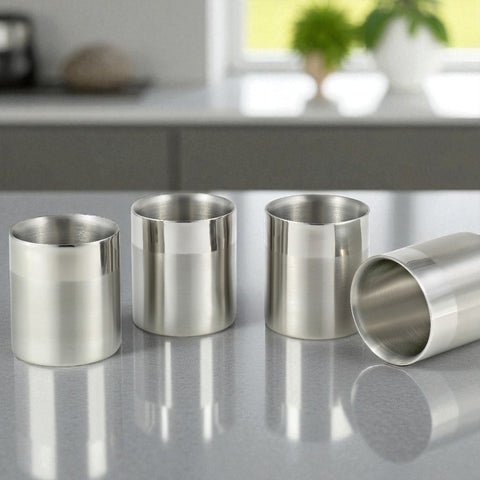 StainlessLUX 77350 Two-tone Double-walled Stainless Steel Small Drinking Glasses / Water Tumblers (10 Oz. / 1.25 Cup) 3.1 Inch Diameter X 3.465 Inch Height (4 Cups / Set)