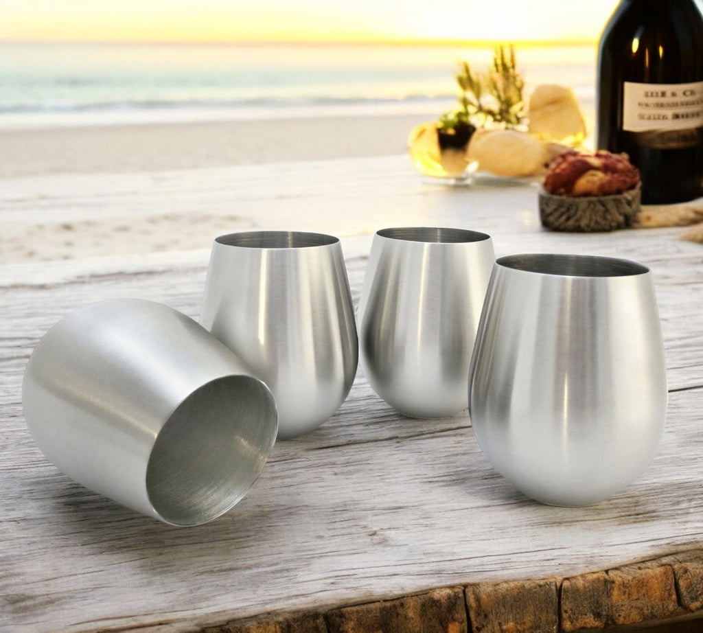 StainlessLUX 77375 4-piece Brushed Stainless Steel Stemless Wine Glass Set