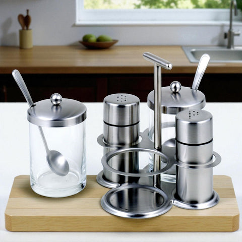 StainlessLUX 77552 Stainless Steel Salt & Pepper Shakers, Spice Shaker and Two Glass Condiment Bowls with Spoons Set