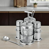 StainlessLUX 77552 Stainless Steel Salt & Pepper Shakers, Spice Shaker and Two Glass Condiment Bowls with Spoons Set